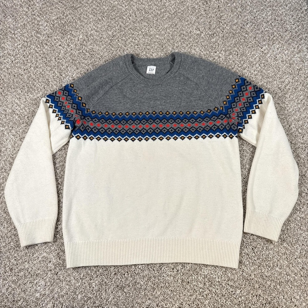 GAP Sweater Mens Large Gray Cream Wool Fair Isle Neutral‎ Multi Crewneck Raglan